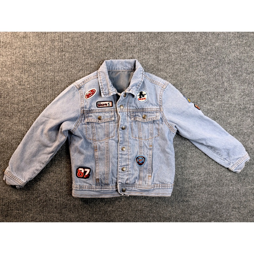 Vintage Style Kids Denim Jacket Light Wash Blue Skate Patch Trucker Coat Sz 5/6